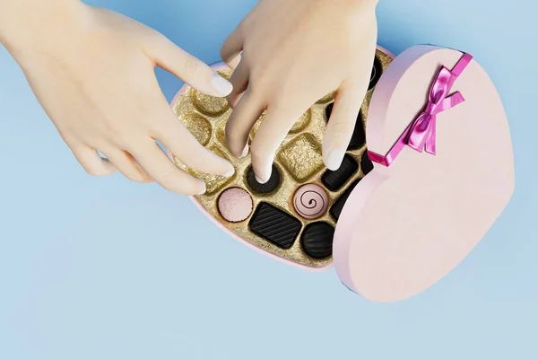 Love Chocolates Candy Box Shape Heart Hands Reaching Them Blue — Stock Photo, Image