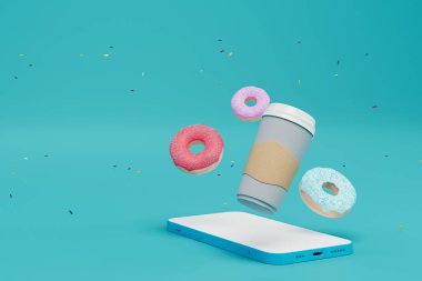 İş günü atıştırmalık. Akıllı telefon, bir bardak kahve ve turkuaz arka planda donut. 3 Boyutlu Hazırlama.