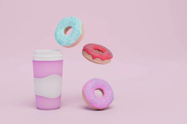 Copo Café Donuts Com Esmalte Multicolorido Fundo Pastel Renderização — Fotografia de Stock