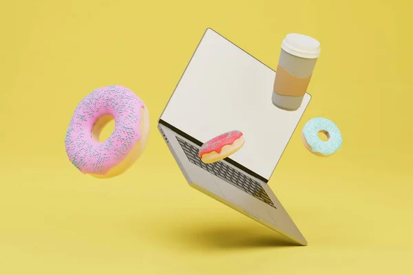 Pausa Para Almoço Laptop Copo Café Donuts Coloridos Fundo Amarelo — Fotografia de Stock
