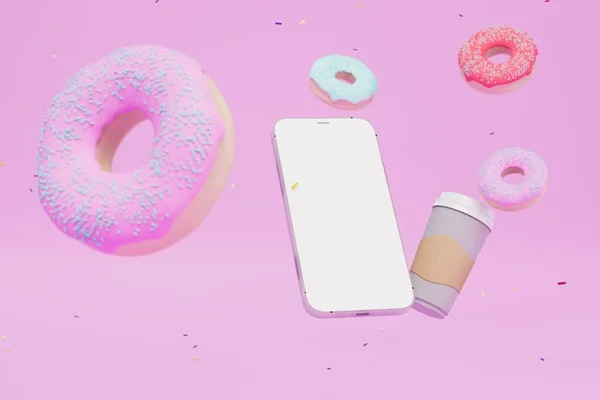 Liefde Voor Fastfood Smartphone Een Glas Koffie Donuts Met Veelkleurig — Stockfoto