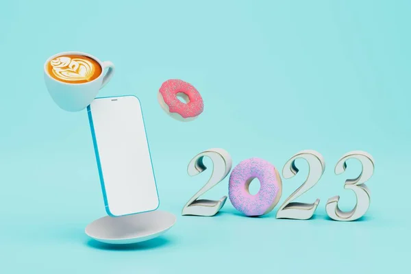 Esperando Ano Novo 2023 Smartphone Xícara Café Inscrição 2023 Com — Fotografia de Stock