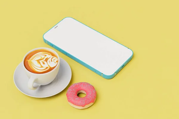 Koncepcja Przerwy Kawę Smartfon Filiżanka Kawy Pączek Żółtym Tle Renderowanie — Zdjęcie stockowe