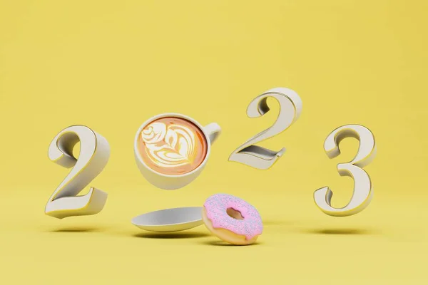 Inscrição 2023 Com Uma Xícara Café Donut Vez Renderização — Fotografia de Stock