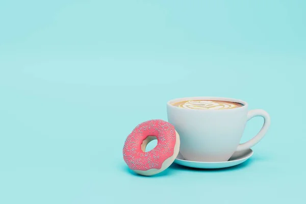 Lanche Doce Uma Xícara Café Donut Com Esmalte Rosa Fundo — Fotografia de Stock