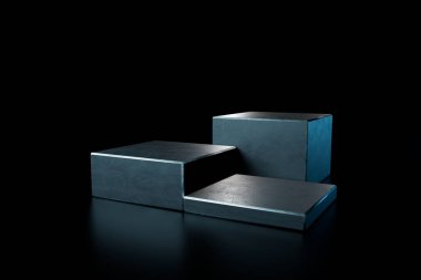 Siyah arkaplana üç aydınlatma küpünden oluşan ürünler ya da metinler yerleştirme podyumu. 3 Boyutlu Hazırlama.