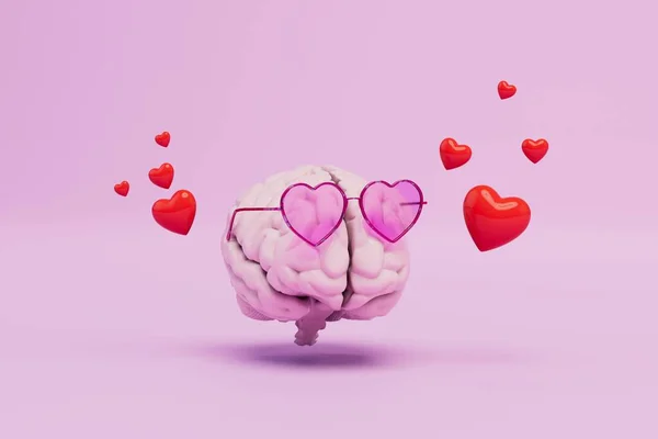 the concept of falling in love. brain in rose-colored glasses hearts around which hearts. 3D render.