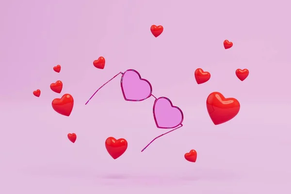 Conceito Apaixonar Óculos Coração Cor Rosa Corações Espalhados Pelo Fundo — Fotografia de Stock
