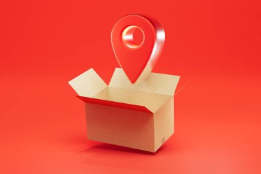 Adrese paket teslimatı. Kırmızı arkaplan üzerinde GPS noktası olan açık bir kutu. 3 Boyutlu Hazırlama.