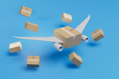 Uçakla paket teslimatı. Diğer paketlerin yanında uçağın kanatları olan bir paket. 3 Boyutlu Hazırlama.