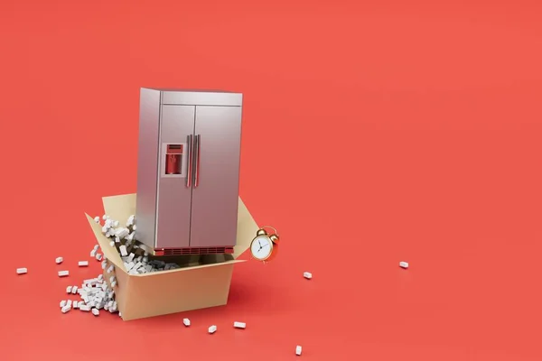 Покупка Доставка Холодильника Открытая Коробка Холодильником Красном Фоне Скопировать Рендеринг — стоковое фото