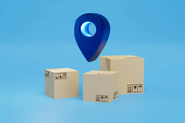 Цільова Доставка Посилок Коробки Посилок Точка Розташування Синьому Фоні Візуалізація — стокове фото
