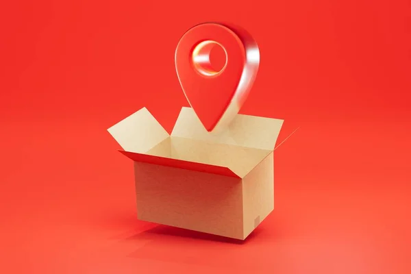 delivery of parcels to the address. an open box with a parcel and a gps point on a red background. 3D render.
