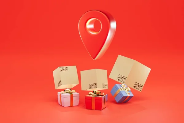 Targeted Delivery Gifts Boxes Gifts Dot Gps Red Background Render — Stock Photo, Image