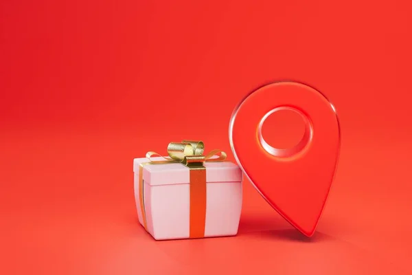 Delivery Gifts Specified Address Gift Box Dot Gps Red Background — Stock Photo, Image