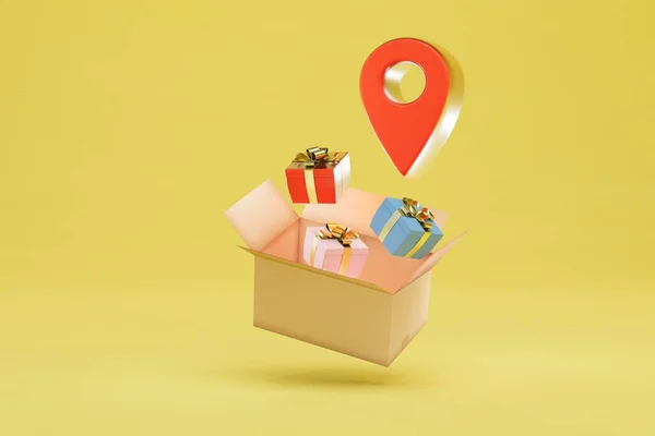 Delivery Parcels Specified Address Box Gifts Dot Gps Yellow Background — Stock Photo, Image