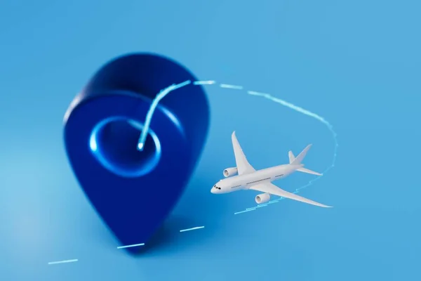 Repülővel Utazni Meghatározott Útvonalon Repülő Légi Jármű Kék Hátterű Gps — Stock Fotó
