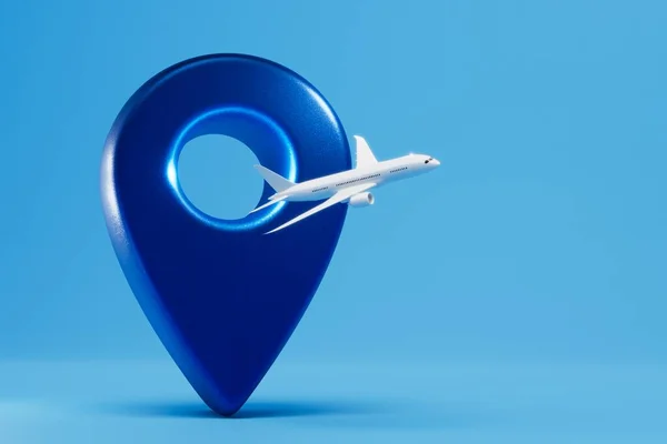 Repülővel Utazni Egy Repülő Repülőgép Egy Gps Pont Kék Alapon — Stock Fotó