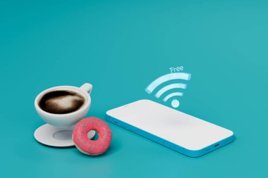 Kafede bedava Wi-Fi. Wi-Fi ikonu olan bir akıllı telefon, bir fincan kahve ve turkuaz arka planda bir donut. 3 Boyutlu Hazırlama.
