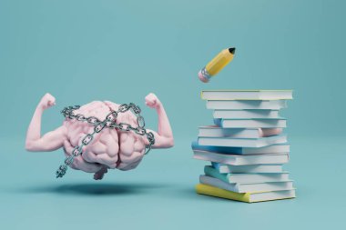 Beyin bilimi kabul etmek istemiyor. Kitapların ve kalemlerin yanında elleri zincirli bir beyin. 3 Boyutlu Hazırlama.