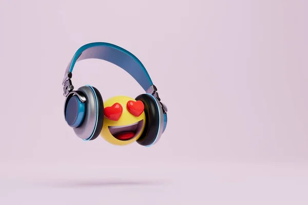 Słuchanie Muzyki Słuchawkach Uśmiechnięta Buźka Oczami Sercami Słuchawkach Renderowanie — Zdjęcie stockowe
