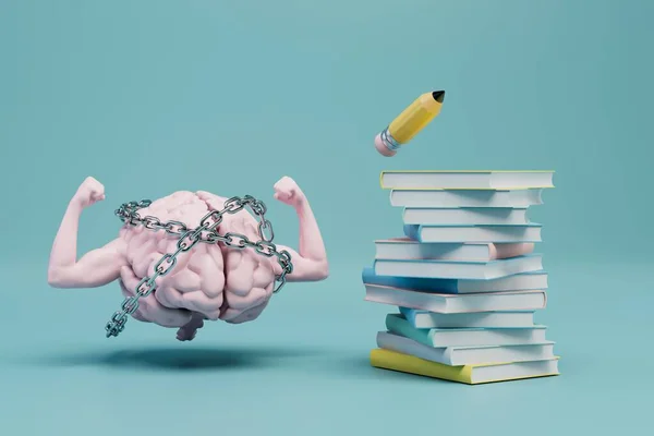 大脑不愿意接受科学 在书和铅笔旁边 一个手握锁链的大脑 3D渲染 — 图库照片