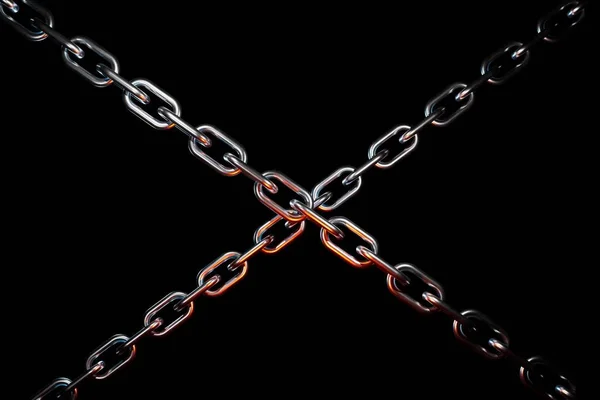 stock image chains consisting of iron rings intertwined on a black background. 3D render.