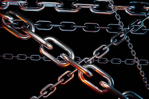 Intertwined Lines Chains Consisting Iron Rings Black Background Render — Stock Photo, Image
