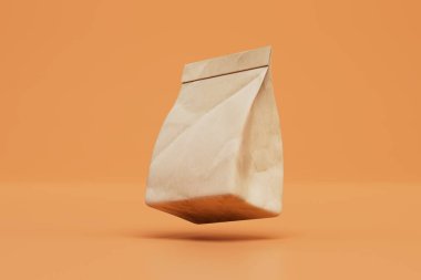 Paket yemek. Fast food ambalaj konsepti. Turuncu arka planda kese kağıdı. 3 Boyutlu Hazırlama.