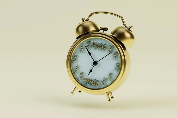 time for work and leisure. Golden alarm clock on a pastel background. 3D render.