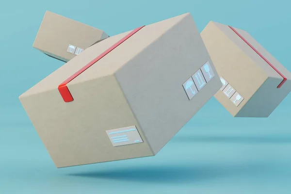 the concept of parcel delivery. parcels with red tape flying on a blue background. 3D render.