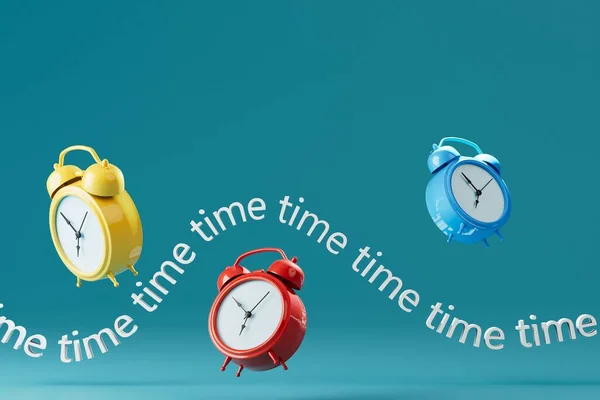 Conceptul Trecere Timpului Ceasuri Alarmă Multicolore Inscripții Timp Fundal Turcoaz — Fotografie, imagine de stoc
