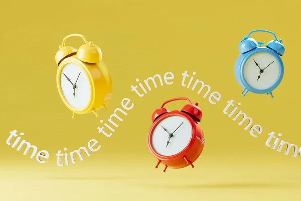 Relógios Alarme Multicoloridos Tempo Repetitivo Escrevendo Fundo Amarelo Renderização — Fotografia de Stock
