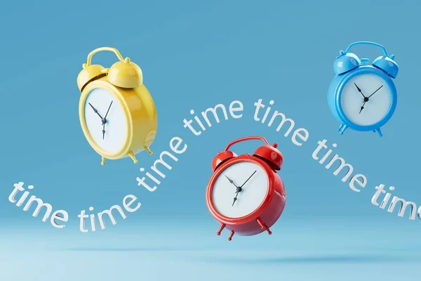 Relojes Alarma Multicolores Escritura Interminable Sobre Fondo Azul Renderizado — Foto de Stock