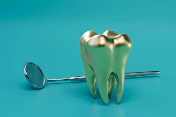 examination at the dentist. a gold-colored tooth and a dental speculum on a turquoise background. 3D render.