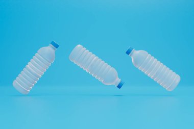 Plastik şişelerin geri dönüşümü. Mavi arka planda uçuşan boş plastik şişeler. 3 Boyutlu Hazırlama.