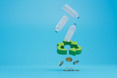 Plastik geri dönüşümle kazanılan para. Plastik şişeler, geri dönüşüm rozeti ve mavi arka planda bozuk paralar. 3 Boyutlu Hazırlama.