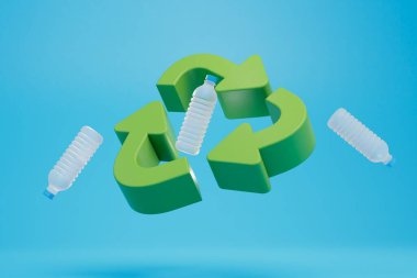 Plastik geri dönüşüm kavramı. Büyük yeşil geri dönüşüm ikonu ve mavi arka planda boş şişeler. 3 Boyutlu Hazırlama.