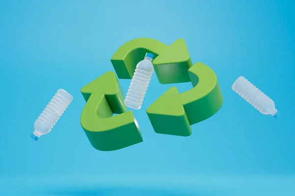 プラスチックのリサイクルという概念です 青い背景に大きな緑のリサイクルアイコンと空のボトル 3Dレンダリング — ストック写真