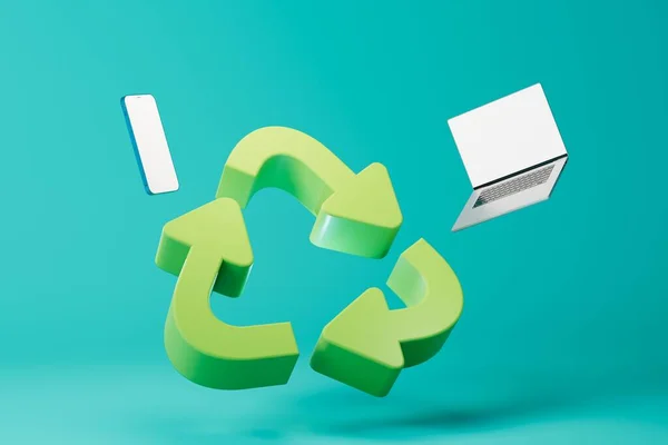 Conceito Reciclagem Equipamentos Antigos Ícone Reciclagem Smartphone Laptop Fundo Turquesa — Fotografia de Stock