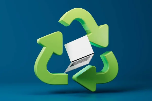 Recyklace Starých Zařízení Recyklujte Ikonu Notebook Modrém Pozadí Vykreslení — Stock fotografie