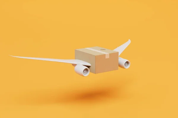 enough parcels by plane. parcel with the wings of the aircraft on an orange background. 3D render.