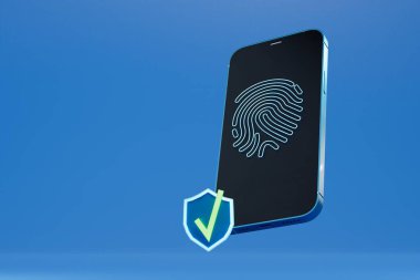 Başarılı giriş. Mavi arka planda parmak izi ve kene operasyonlu akıllı telefon. 3 Boyutlu Hazırlama.