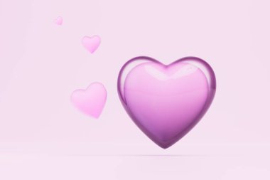 Aşık olma konsepti. Farklı boyutlarda kalplerin olduğu soyut bir arka plan. 3 Boyutlu Hazırlama.