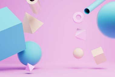 Renkli kürelerden, küplerden ve pastel arka plandaki silindirlerden oluşan soyut bir arkaplan. 3 Boyutlu Hazırlama.