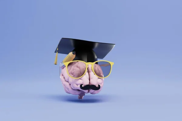 Concetto Studiare All Università Cervello Bicchieri Cappello Maestro Sfondo Blu — Foto Stock