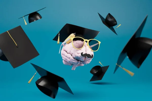 Концепция Выпускного Мозг Шляпе Мастера Летающая Шляпа Студентов Рендеринг — стоковое фото