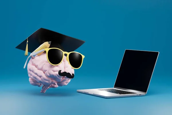 Begreppet Inlärning Nätet Hjärna Glasögon Och Mästarmössa Framför Öppen Laptop — Stockfoto