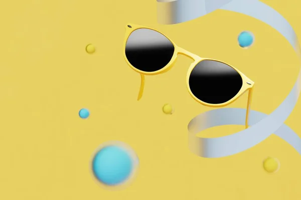sunglasses in a yellow frame on a yellow background with balls and a ribbon. 3D render.