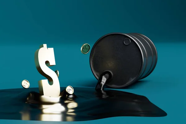 Höhere Ölpreise Ein Schwarzes Barrel Ausgelaufenes Und Dollarsymbole Auf Türkisfarbenem — Stockfoto